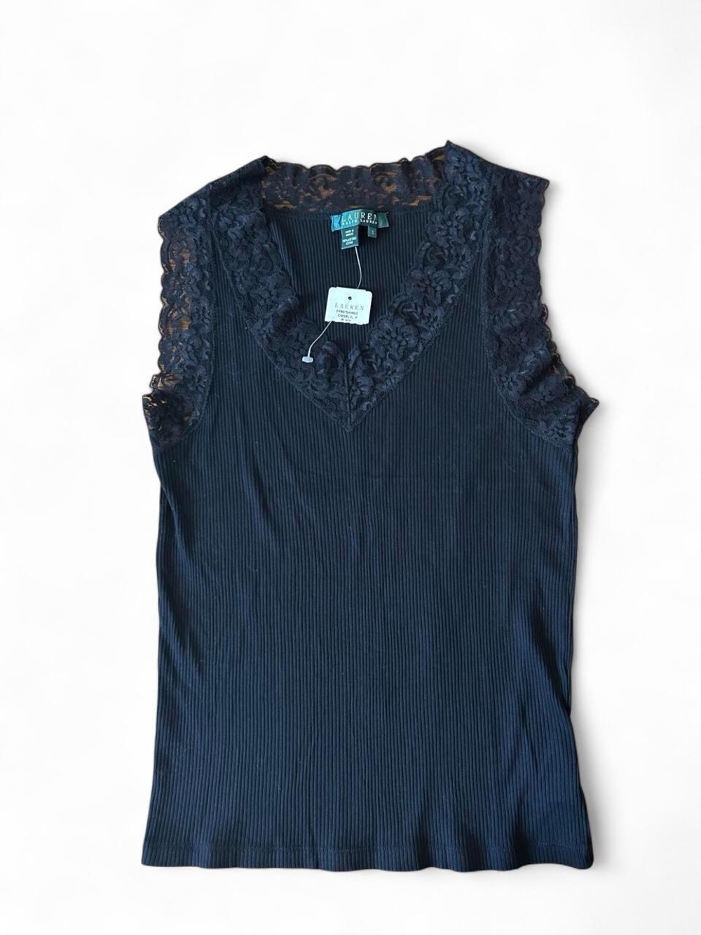 Ralph Lauren Black Vintage Lace-Trim Ribbed V-Neck Tank Top